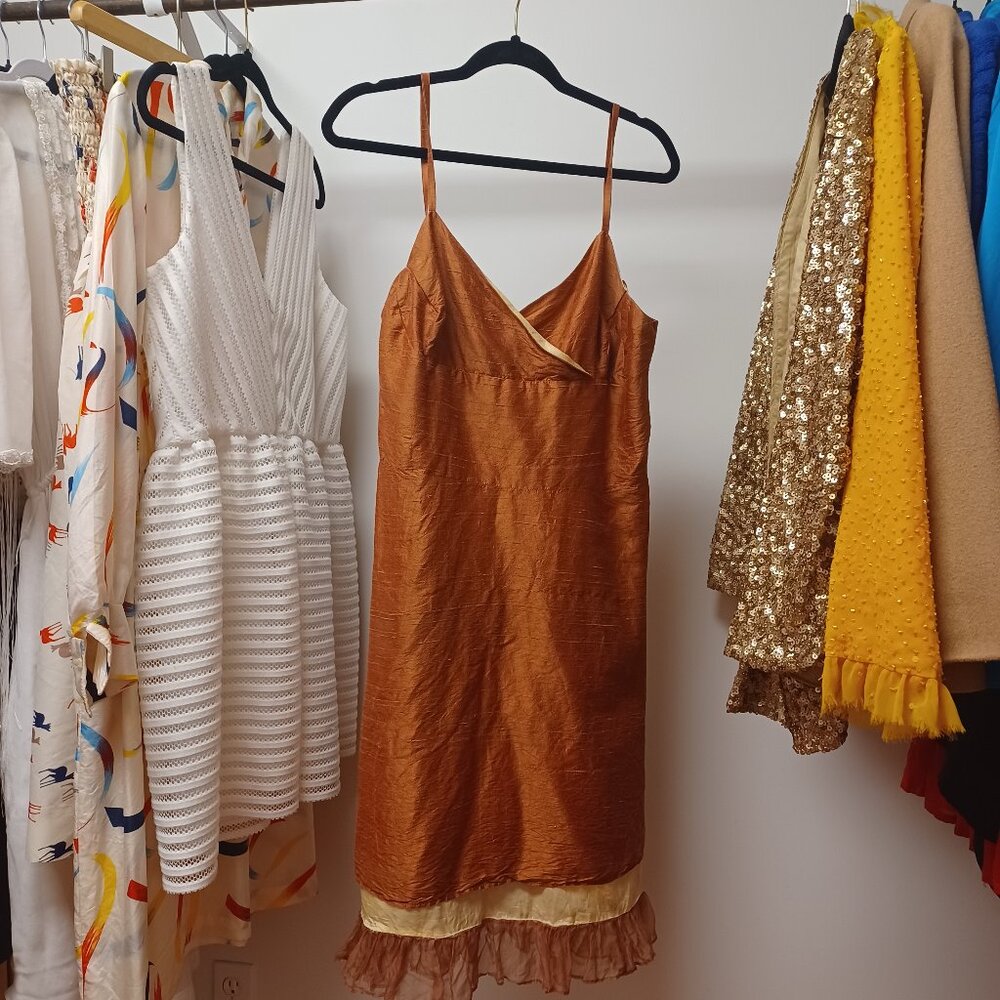 Vintage Y2k Lynn Lugo Copper Raw Silk Mermaid Hem Dress Large